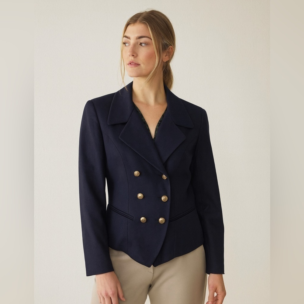 J. McLaughlin Double Breasted Wool Navy Blazer Gold Buttons Jacket  Size 8
